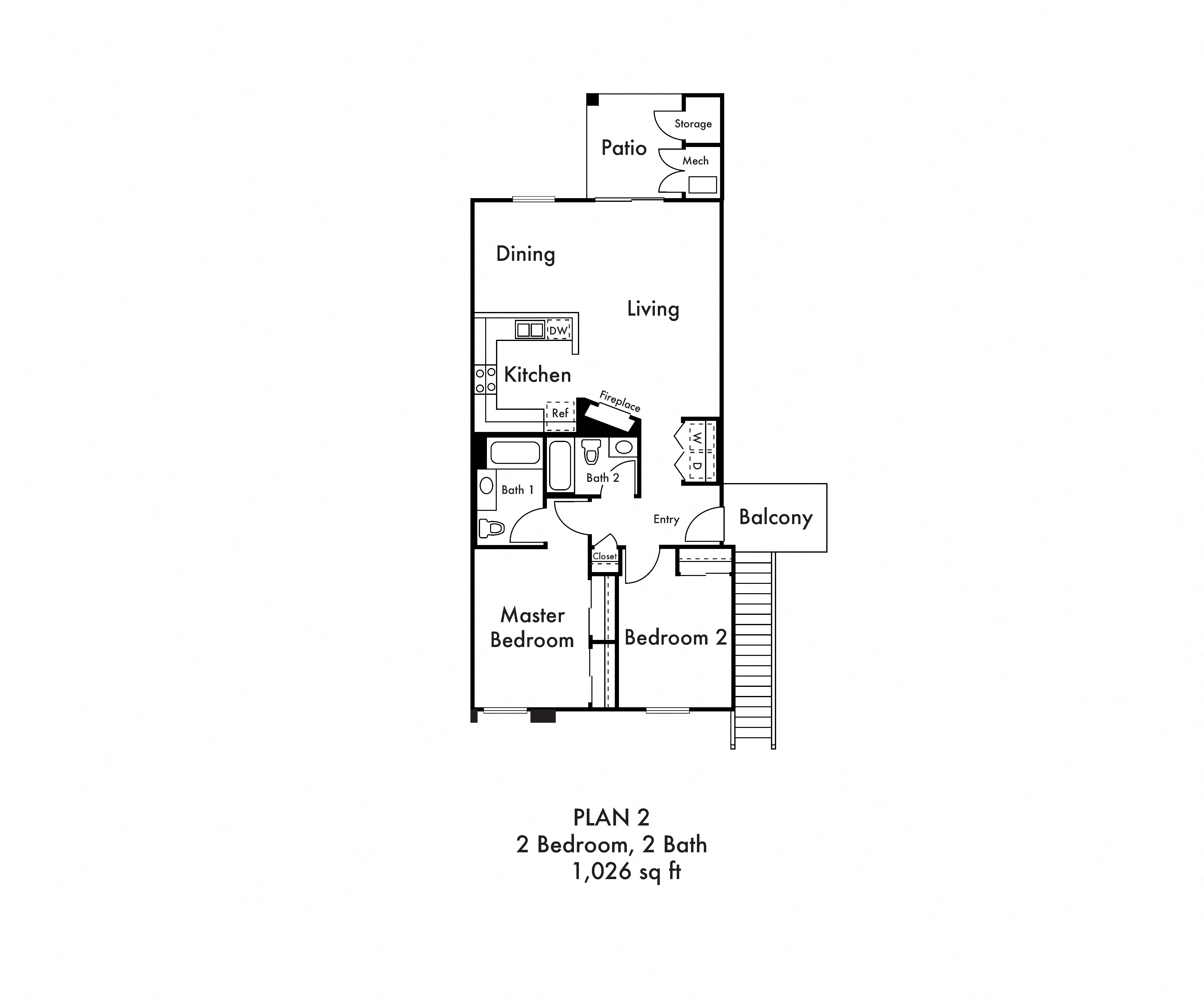 Floor plan for 2 beds, 2 baths, 1026 sqft